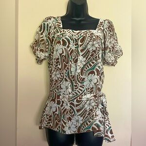 Beautiful Brown and White Puff Sleeve Peplum Blouse Size Medium